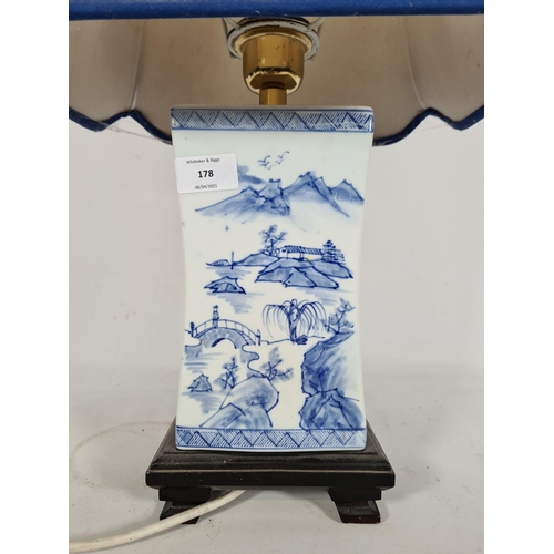 178 - An oriental style blue and white ceramic table lamp with landscape and garden design