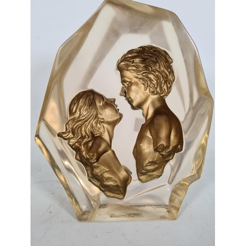 185 - A 1970s gold painted three dimensional lucite nude couple sculpture - approx. 28cm high