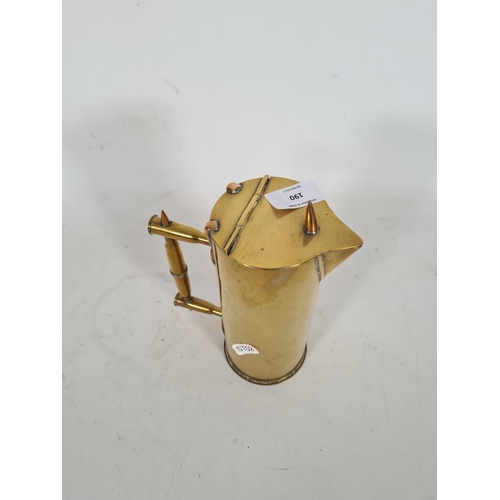 190 - A brass shell case trench art water jug with bullet handle and lidded top - approx. 20cm high