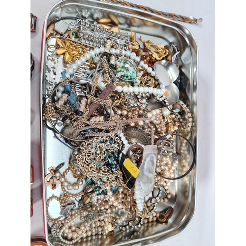 208 - A box containing a collection of costume jewellery and watches to include Ingersoll 7 jewel lever sh... 