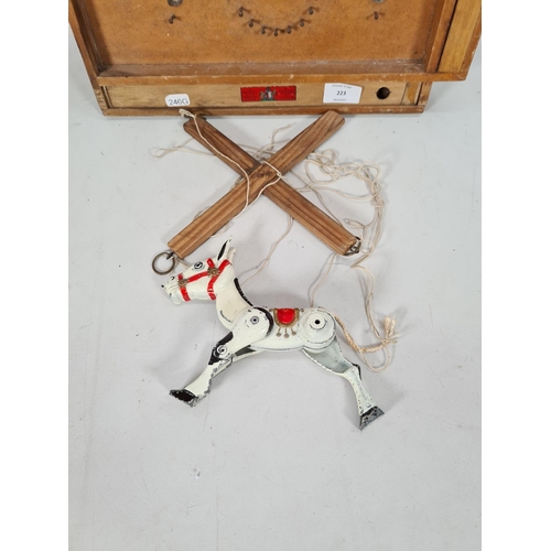 223 - Two items, one vintage Chad Valley bagatelle board and one vintage English articulated metal donkey ... 