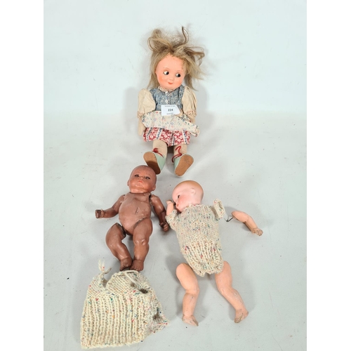 224 - Three items, one articulated hand painted doll with impressed 2HP to neck, one Armand Marseille bisq... 