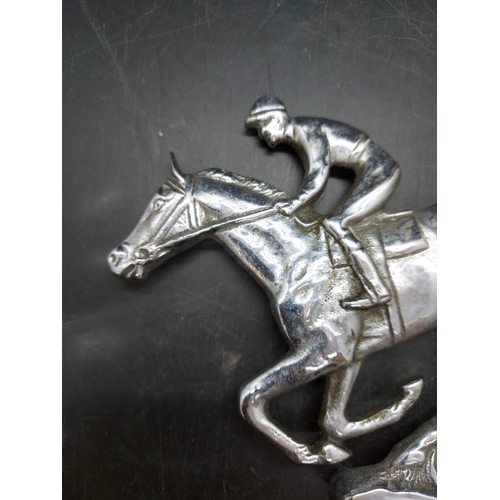 127C - A vintage chrome plated horse and rider car mascot - approx. 17cm high x 18cm wide