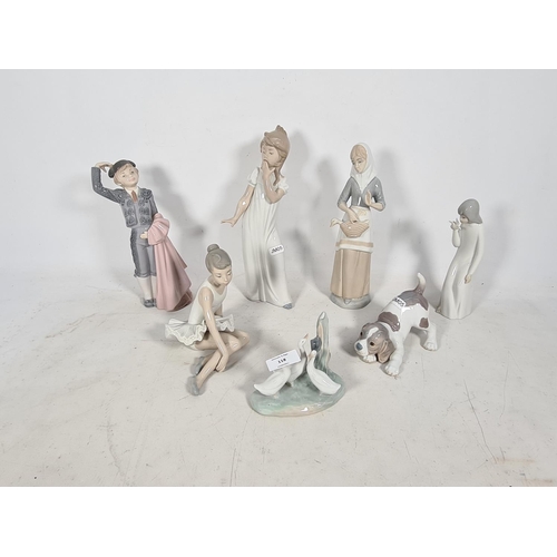 118 - Seven various Spanish porcelain figurines to include Nao group figurine of three ducks and tree stum... 