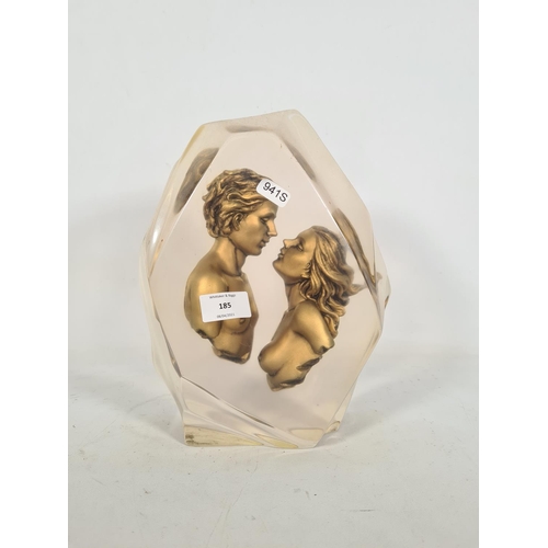 108 - A 1970s gold painted three dimensional lucite nude couple sculpture - approx. 28cm high