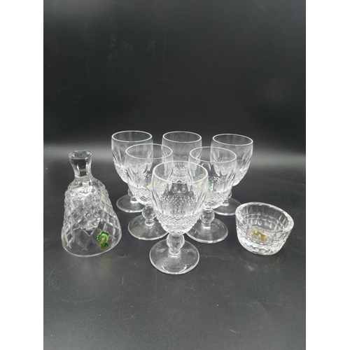 102 - Eight pieces of Waterford Crystal glass to include six port glasses, one bell and one circular trink... 