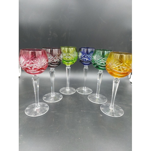 104 - A set of six vintage bohemian crystal colour overlay wine glasses - approx. 19.5cm high