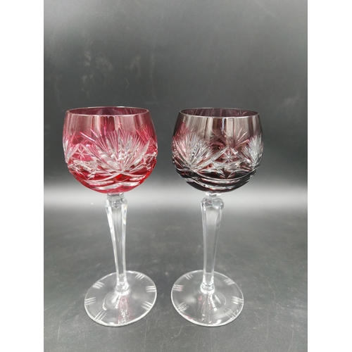 104 - A set of six vintage bohemian crystal colour overlay wine glasses - approx. 19.5cm high