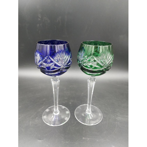 104 - A set of six vintage bohemian crystal colour overlay wine glasses - approx. 19.5cm high