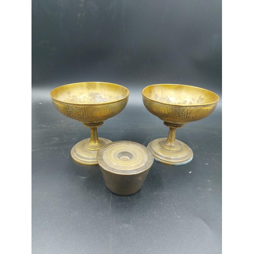 66 - Three brass items, two pedestal bowls stamped 'Susse Fres' - approx. 10.5cm high and one set of seve... 