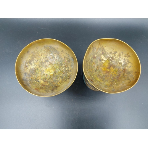 66 - Three brass items, two pedestal bowls stamped 'Susse Fres' - approx. 10.5cm high and one set of seve... 