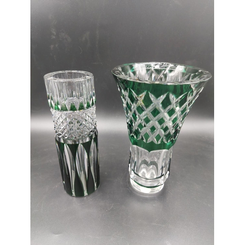 82 - Two Val St. Lambert emerald green crystal glass vases, one 20cm trumpet vase and one 19.5cm cylindri... 