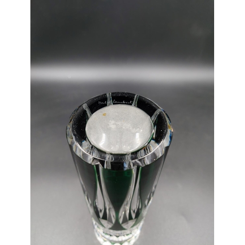 82 - Two Val St. Lambert emerald green crystal glass vases, one 20cm trumpet vase and one 19.5cm cylindri... 