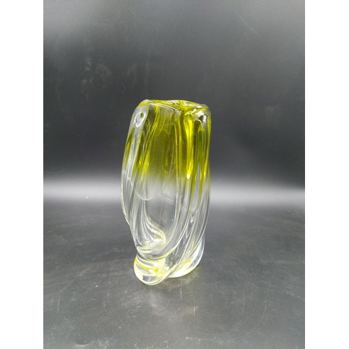 98 - A lime green crystal glass twisted vase attributed to Val St. Lambert - approx. 20cm high