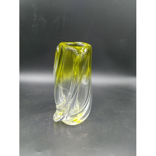 98 - A lime green crystal glass twisted vase attributed to Val St. Lambert - approx. 20cm high