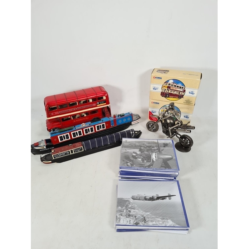 1461 - Various items to include two handmade and painted narrow boats, one vintage style London double deck... 