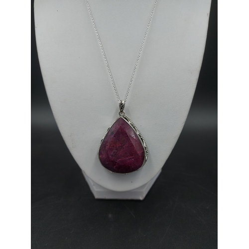 91 - A 925 silver and 150ct ruby gemstone pendant necklace - approx. gross weight 51.7 grams