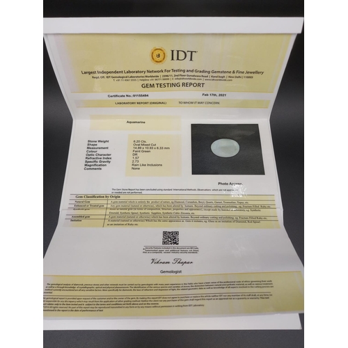 102 - An IDT certified 6.20ct aquamarine gemstone