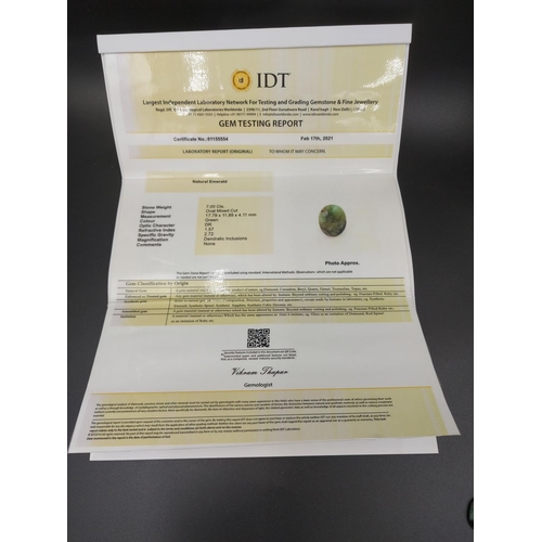 104 - Two IDT certified emerald gemstones, one 7ct and one 7.27ct