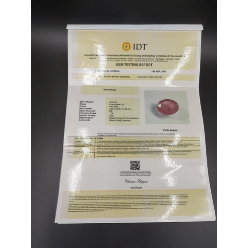 108 - An IDT certified 4.35ct natural ruby gemstone