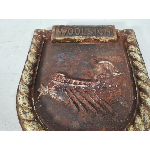 66 - A vintage HMS Woolston cast iron ships plaque - approx. 28cm high x 25cm wide