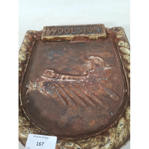 66 - A vintage HMS Woolston cast iron ships plaque - approx. 28cm high x 25cm wide