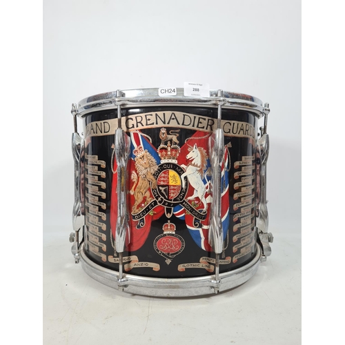 69 - A British Army Grenadier Guards marching snare drum by Premier emblazoned with battle honours - appr... 