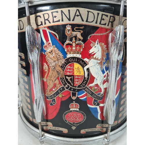 69 - A British Army Grenadier Guards marching snare drum by Premier emblazoned with battle honours - appr... 