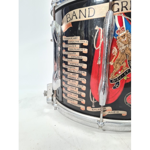 69 - A British Army Grenadier Guards marching snare drum by Premier emblazoned with battle honours - appr... 