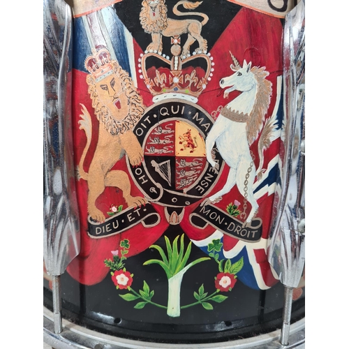 71 - A British Army Welsh Guards marching snare drum emblazoned with battle honours - approx. 14