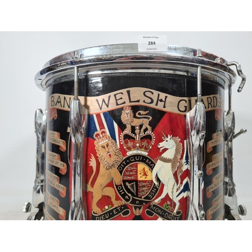 71 - A British Army Welsh Guards marching snare drum emblazoned with battle honours - approx. 14