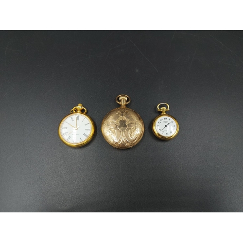 184 - Three ladies pocket watches, one gold plated Thomas Russell & Son full hunter with etched case, one ... 