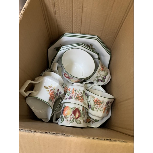 1384 - Five mixed boxes to include Sadler tea caddy, knitting patterns, Pyrex jugs, mixed ceramics etc.