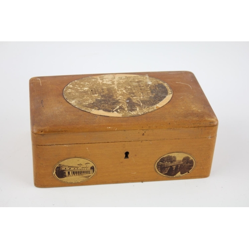 630 - Four 19th century and one later decorative wooden boxes to include Mauchline ware, trinket etc.