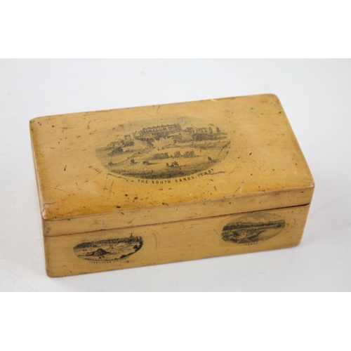 630 - Four 19th century and one later decorative wooden boxes to include Mauchline ware, trinket etc.