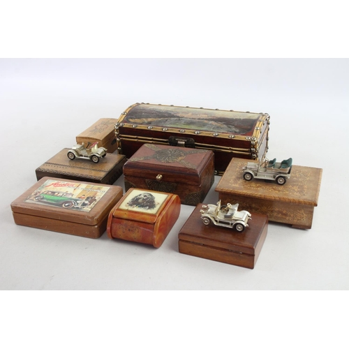 628 - Eight assorted vintage decorative wooden boxes to include cars, hand painted, musical etc.