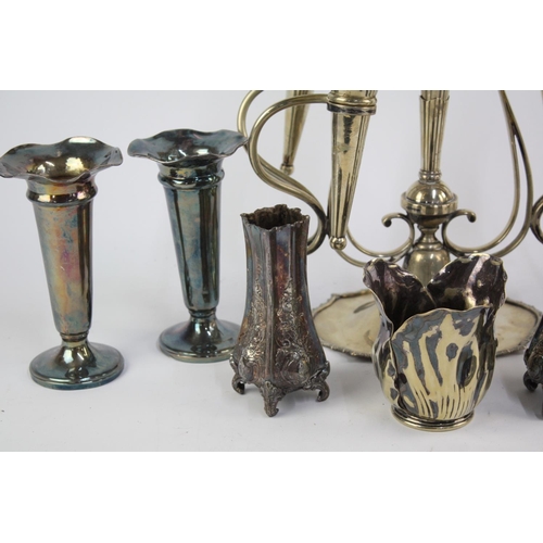 483 - Eight vintage silver plated vases to include Elkington, epergne vase etc.