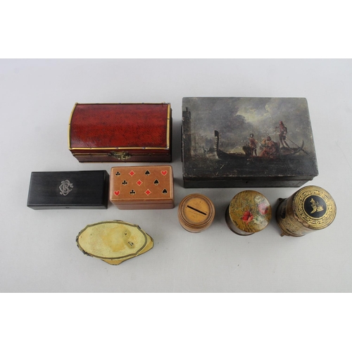 609 - Eight various antique and vintage decorative trinket boxes to include papier maché, leather, wood et... 