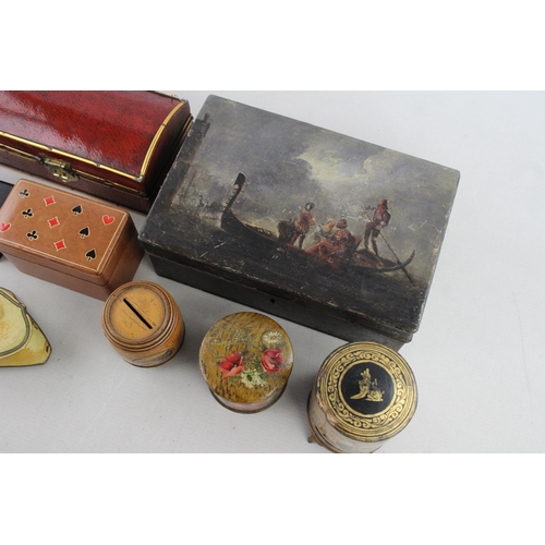 609 - Eight various antique and vintage decorative trinket boxes to include papier maché, leather, wood et... 