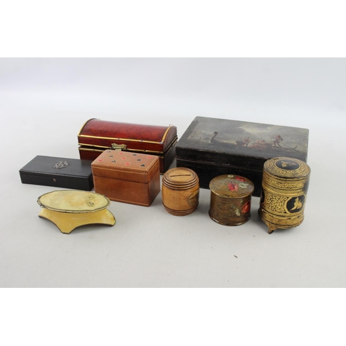 609 - Eight various antique and vintage decorative trinket boxes to include papier maché, leather, wood et... 