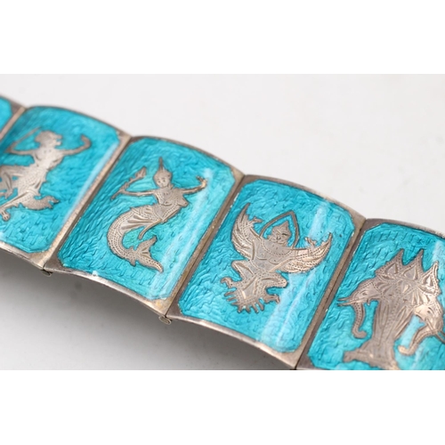 156 - A 925 sterling silver Siam enamel panel bracelet - approx. gross weight 67 grams