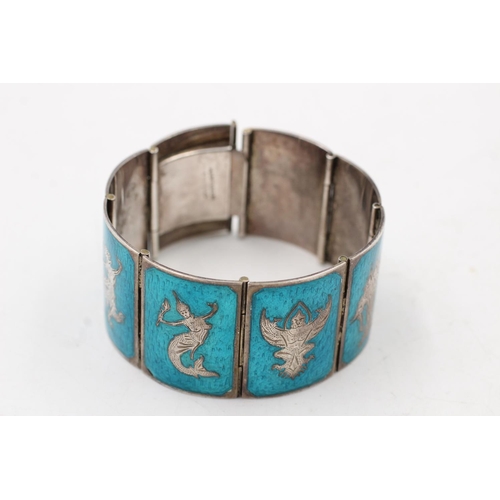 156 - A 925 sterling silver Siam enamel panel bracelet - approx. gross weight 67 grams