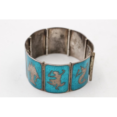 156 - A 925 sterling silver Siam enamel panel bracelet - approx. gross weight 67 grams