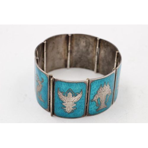 156 - A 925 sterling silver Siam enamel panel bracelet - approx. gross weight 67 grams