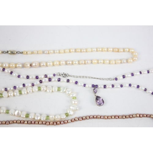 190 - Six vintage 925 and 935 silver clasped cultured pearl necklaces