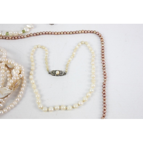 190 - Six vintage 925 and 935 silver clasped cultured pearl necklaces