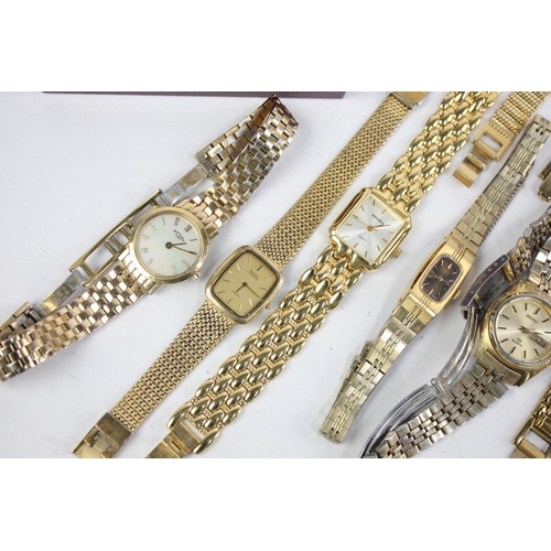 200 - Fourteen assorted ladies gold tone wristwatches to include Seiko, Lasalle etc.