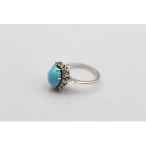 64 - A 12ct gold turquoise and diamond halo set ring, size L½ - approx. 4.2 grams