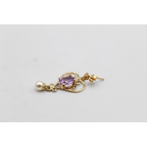 87 - A pair of 9ct gold amethyst and faux pearl drop earrings - approx. gross weight 1.7 grams