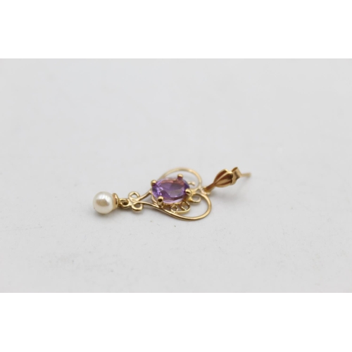 87 - A pair of 9ct gold amethyst and faux pearl drop earrings - approx. gross weight 1.7 grams